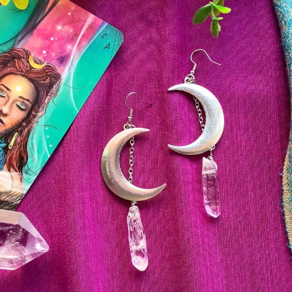 Crescent Moon Quartz Crystal Dangle Earrings